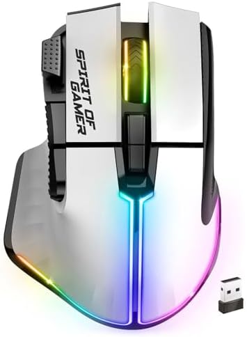 Spirit Of Gamer - PRO M5, Mouse Gaming Senza Fili per PC RGB, 8 Pulsanti Programmabili di cui 1 Rapid'Fire, Connessione Bluetooth e 2,4 GHz, Batteria a Lunga durata 90 ore, Ergonomico, Bianco