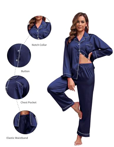 Image of UMBY Silk Satin Pajamas for Women Set 2 Piece Silk Pjs Long Sleeve Top Cozy Sleepwear Silky Pajamas