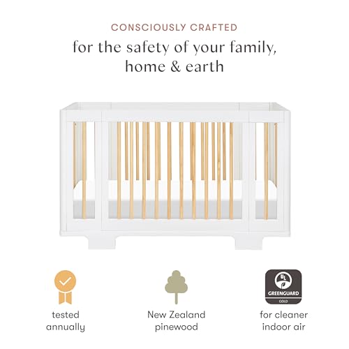 Image of Babyletto Yuzu Convertible All-Stages Bassinet, Midi, Full-Size Crib in White with Natural, Greenguard Gold Certified, Portable & Adjustable with Conversion Kits and Pads Included