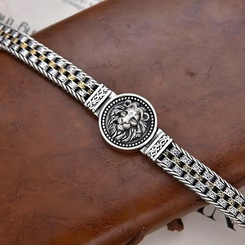Italian Handmade Sterling Silver Mens Bracelets | Solid S925 Chain Bracelets | Men's Silver Bracelet Gift for Dad, Boyfriend, Son, My Man (8.6'' Lion Circular Vintage) - Image 5