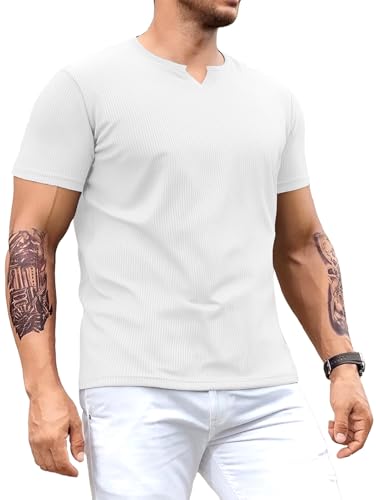 Muscle Cmdr Uomo Slim Fit Scollo a V Camicie Casual Manica Corta Muscolo Henley T-Shirt Top Business Elegante Bianco 2XL