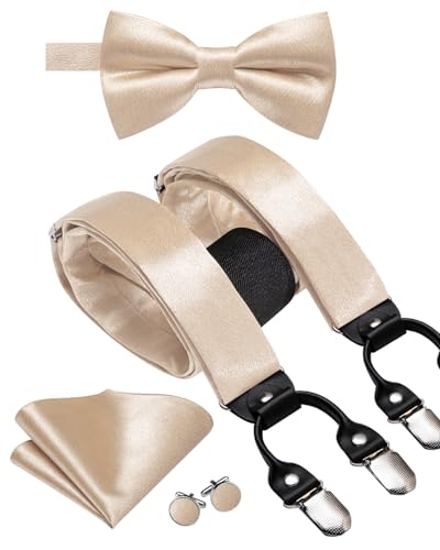 Image of Dubulle Suspender and Bow Tie for Men Paisley Solid Mens Suit Braces Pretied Bowtie and Handkerchief Cufflinks Formal Wedding