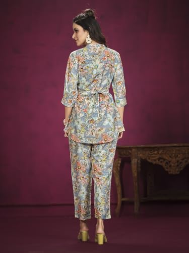 Nainvish Women's Polyester Printed Straight V-Neck Co-Ord Top & Pant Set (Sd598_Kb-Xl_Blue Greyish)