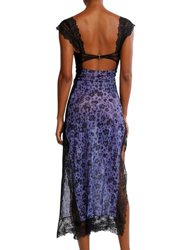Image of Women Sexy Lace Patchwork Mesh Dress Floral Print Cutout Sweetheart Neck Backless Slit Summer Maxi Dress