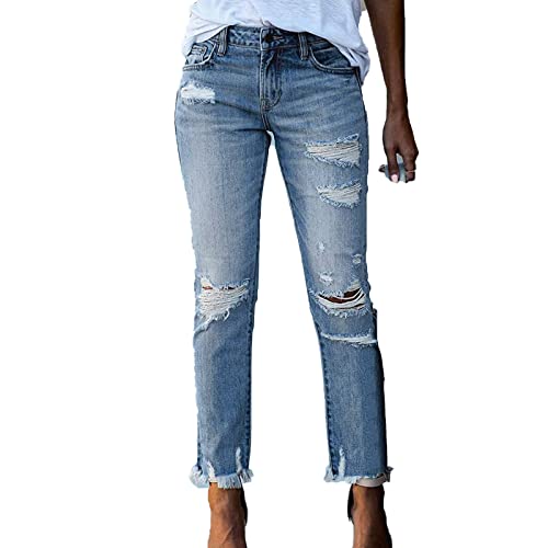Générique Jean Droit effiloché pour Femme Jean Crayon Taille mi-Haute déchiré à Ourlet Brut Pantalon en Denim décontracté à Trou déchiré en détresse (Bleu Clair,L)