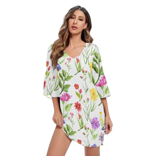 Robe d'été femmes imprimé floral multicolore col en V fluide