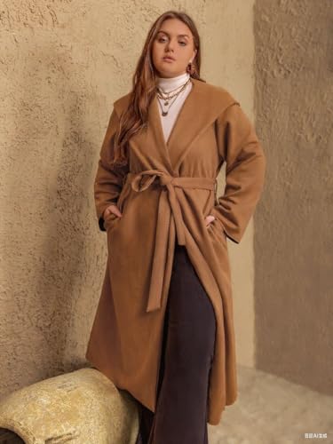 utcoco Women's Plus Size Hooded Trench Coat Faux Suede Long Wrap Coat Elegant Belted Fall Winter Outwear4