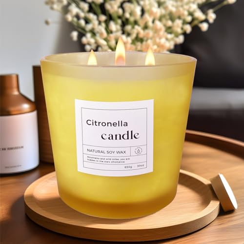 Luxury Citronella Candle, 30oz Indoor Outdoor Scented Candle, Large 3 Wick Jar Candle, Up to 120 Hours Burning Time, 100% Natural Soy Wax, Relaxing Aromatherapy Aesthetic Candles
