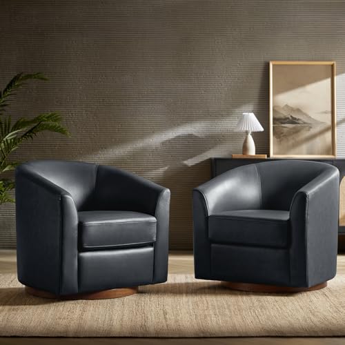 Image of HULALA HOME Genuine Leather Swivel Barrel Chairs Set of 2, Round Swivel Accent Chairs with Solid Wood Base, Leather Barrel Accent Chair for Living Room, No Assembly Required, Navy