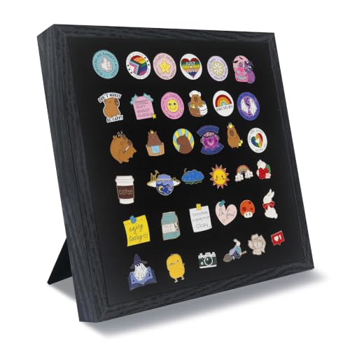 GMFrames 11x11 Enamel Pin Display Case Pin Collection Display Frame with Real Glass Shadow Box for Wall and Tabletop Pin Holder Black