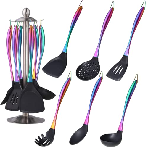 QOBIMOON Silicone Cooking Utensil Set,6 pcs Silicone Cooking Kitchen Utensils Set,Non-stick Kitchen Cookware Titanium Stainless Steel Handle with Utensil Holder,Spatula Set for Cooking-Rainbow Color