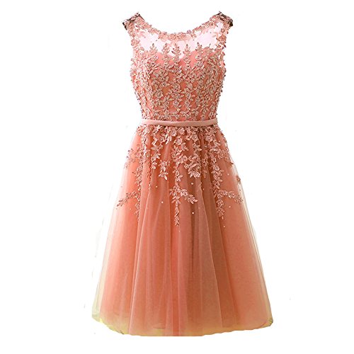 Kivary-Sheer-Bateau-Tea-Length-Short-Lace-Pearls-Prom-Homecoming-Party-Dresses-20W-Peach