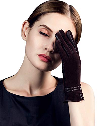 Preisvergleich Produktbild YISEVEN Damen Lammfell Wildleder Handschuhe Touchscreen Lederhandschuhe Gefüttert Winter Warm Elegant Auto Schaffell Leder Damenhanschuhe Winterhandschuhe Weihnachtsgeschenke, Braun Mittel / 7.0"