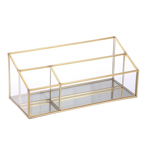 Hipiwe Vintage Gold Makeup Organizer Mirrored Glass 3 Slots Vanity Holder