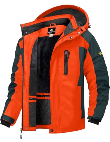 GEMYSE Herren Skijacke Winddicht Wasserdicht Warmes Fleecefutter Winterjacke mit Kapuze für Outdoor(Orange Grau 08,M)