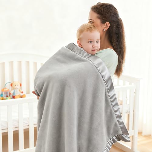 Image of Pro Goleem Fleece Baby Blanket with 2 Inch Satin Trim Soft Plush Blanket for Boys and Girls for Babies Grey,30''x40''