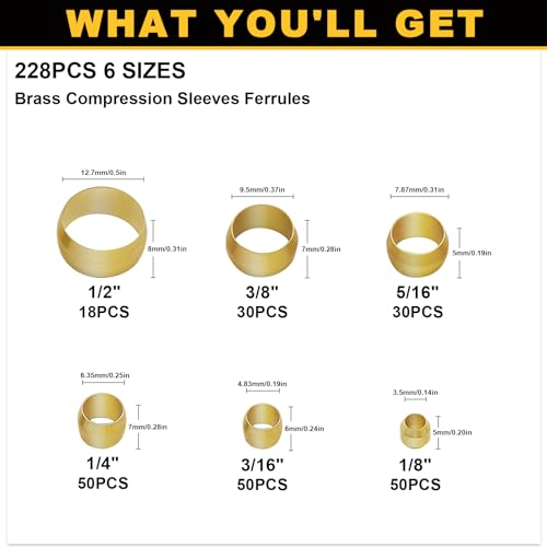 Image of Siptenk 228PCS Brass Compression Sleeves Ferrules Kit Lines for Air, Water | 6 Sizes 1 /2 inch 3 /8 inch 5 /16 inch 1 /4 inch 3 /16 inch 1 /8 inch Hose Compression Fitting Brass Ferrule lines for Fuel, Oil and Inert Gases