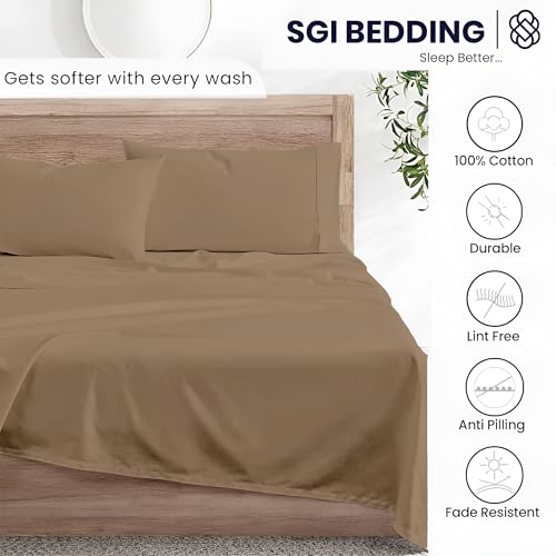 Image of SGI bedding Queen Bed Sheets Set - Premium 600 TC Egyptian Cotton, Crisp & Cooling Sateen Weave, Extra Soft Hotel Collection, Fits Mattresses Up to 16 Inch Deep, Breathable & Long Lasting - Taupe