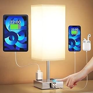 aooshine Bedside Lamp with USB Port - Touch Control Table Lamp for Bedroom with USB C+A Charging Ports & AC Outlets, 3-Way Dimmable Nightstand Lamp for Living Room Office(LED Bulb Included)