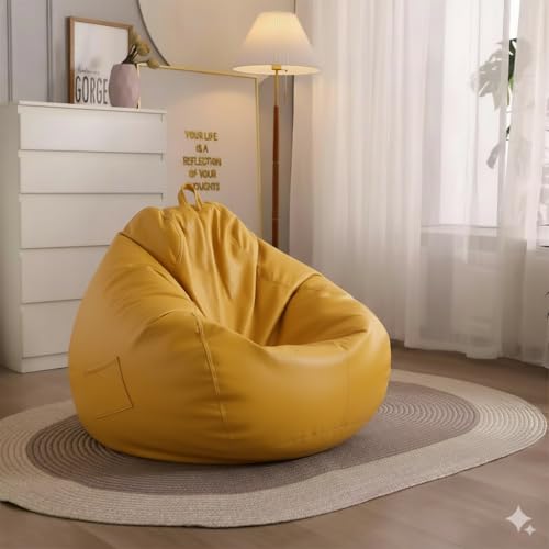 Image of 4XL Leatherette Bean Bag Chair with Footrest & Cushion with Beans Filled (Ready to Use) Color- (Yellow, Bean Bag Only)