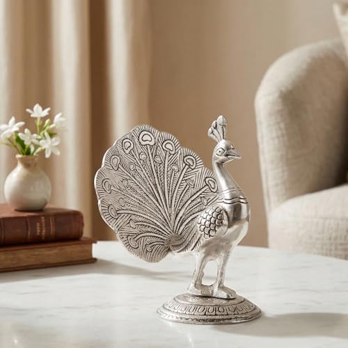 Image of KridayKraft Peacock Metal Statue Idol Decorative Showpiece Feng Shui As Table Top Figurine for Living Room Bedroom Home Office Decor for Decoration & Gifting Purpose (Silver)