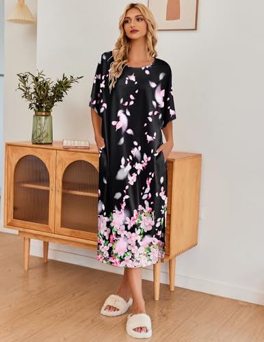Image of Ekouaer Women's Nightgown Short Sleeve Sleepshirt Long Loungewear Casual Maxi Lounge Dress House Dresses with Pockets