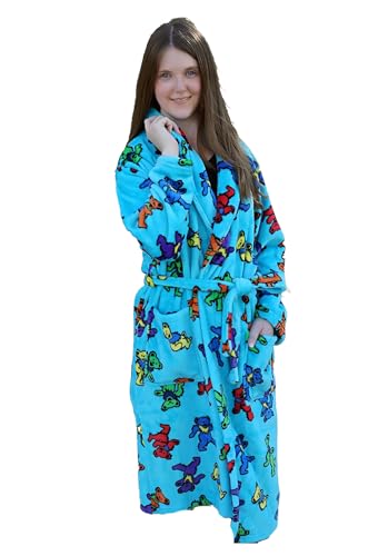 Grateful Dead Longsleeve Fleece Dancing Bears Robe Tirquoise (US, Alpha, Medium, Regular, Regular, Turquoise)