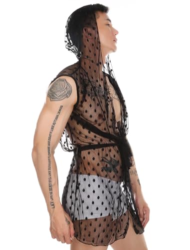 ABAFIP Men's Sissy Nightwear Hoodie Sheer Mesh Nightgown Polka Dot Kimono Tie Front Robe Crossdress Nightdress3