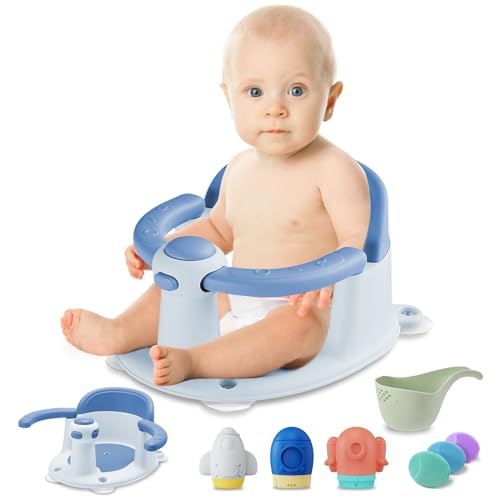 Image of TOSGN Baby Bath Seat for Babies 6 Months & up,3 Baby Bath Toys,Non-Slip Baby Bath Seat, Safe & Comfortable Baby Bath Support, Blue