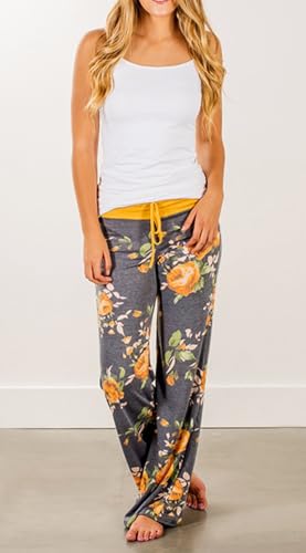 Image of Elsofer Women's Comfy Lounge Pants Soft Floral Pajama Pants Loose Drawstring Wide Leg Palazzo Pants for Sleep, Casual Wear