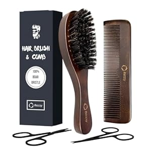 Hair Brush And Comb Set For Men-Boar Bristle Hair Brush,Beard & Wave Brush,Fine Tooth and Wide Tooth Wooden Beard Comb,Facial Grooming Scissors for Eyebrow, Nose Hair, Mustache