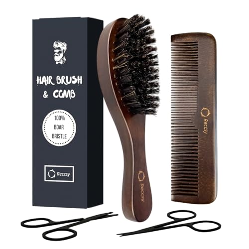 Hair Brush And Comb Set For Men-Boar Bristle Hair Brush Beard & Wave Brush Fine Tooth and Wide Tooth Wooden Beard Comb Facial Grooming Scissors for Eyebrow Nose Hair Mustache