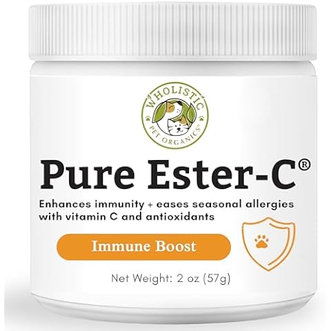 Wholistic Pet Organics Pure Ester-C Powder for Dogs & Cats - 2 Oz - Vitamin C Supplement for Immune Support, Skin & Coat Health, & Allergy Relief - Dog Vitamin Powder for Itchy Skin & Homemade Food Cover
