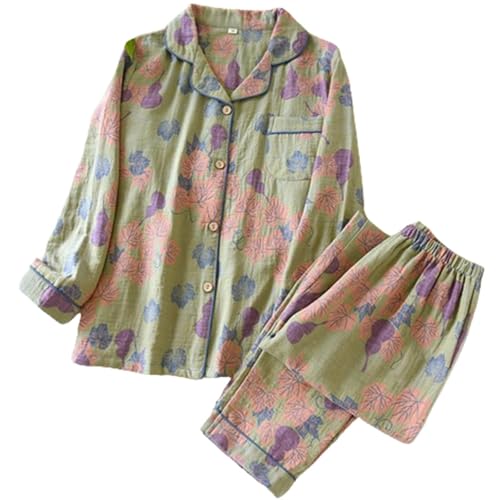 Conjunto de pijama de dos piezas con solapa de algodón con diseño de hojas vintage, conjunto de ropa de descanso de algodón para mujer, L, XL