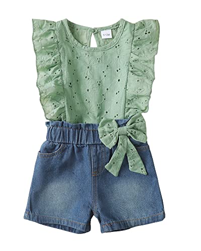 Baby Girl Clothes Toddler Girl Summer Outfit Ruffle Short Sleeve Lace Shirt Blue Jean Shorts Set Toddler Clothes Summer