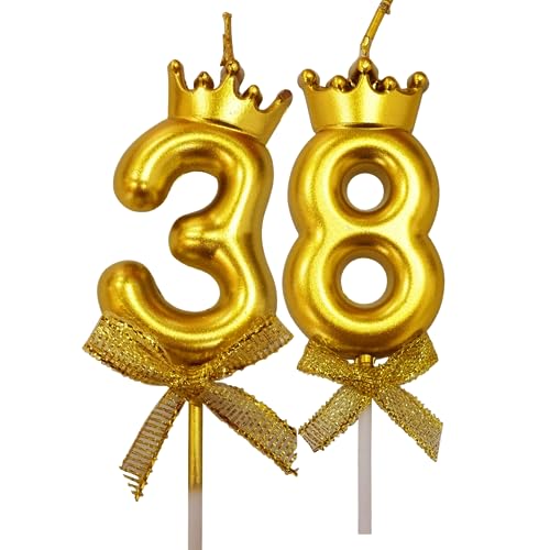 Image of 2 Pc 38 Number Candle for Birthday Cake Metallic 38th Birthday Cake Decoration Thirty Eight Candle with Crown on Top Cake Topper 0-9 Number Candles for Anniversary (Pack of 2, Gold)