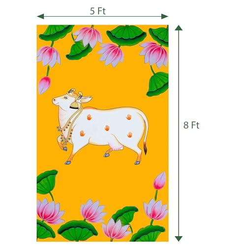 Image of Dhara Yellow Dhenu Cow Left Backdrop Cloth - 5ft x 8ft for Ganesh Chaturthi, Satyanarayan Pooja, Annaprassana. Washable Fabric