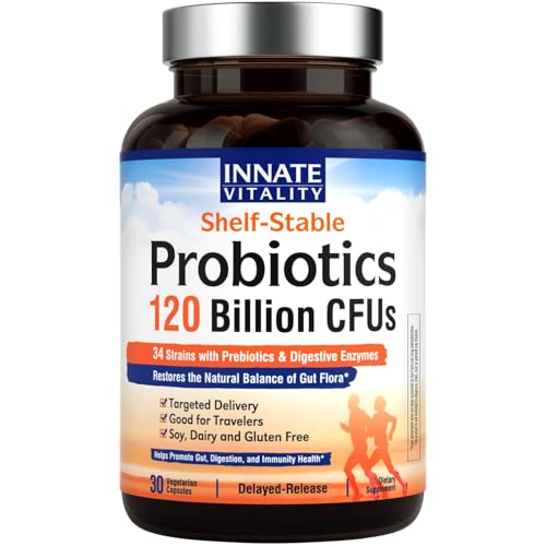 Innate Vitality 3-in-1 Probiotics 120 Billion CFUs 34 Strains with Organic Prebiotics & Digestive Enzymes - 30 Vegan Caps