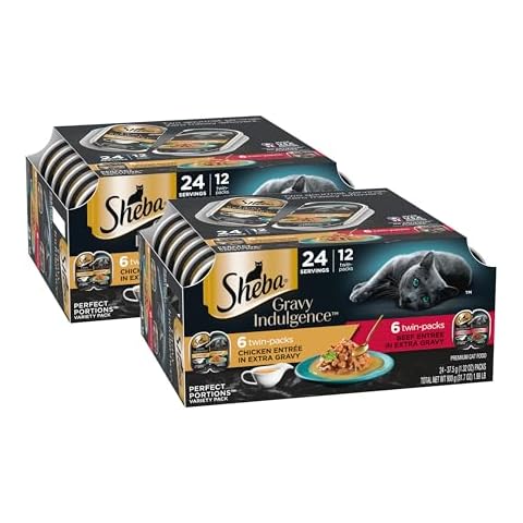 Sheba Gravy Indulgence Adult Wet Cat Food Beef Entree in Extra Gravy and Chicken Entree in Extra Gravy Variety Pack, 2.6 oz. Twin-Pack Trays (12 Count, 24 Servings) (Pack of 2) Cover