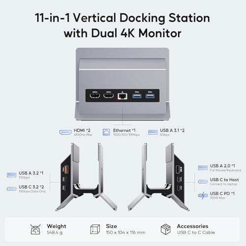 Image of USB C Docking Station for Dual Monitors, Vertical Laptop Docking Station Stand with 2 HDMI 4K 60Hz, 3X USB A /C 10Gbps, 2 USB A 5Gbps, Ethernet and USB2.0 for Windows and ChromeOS
