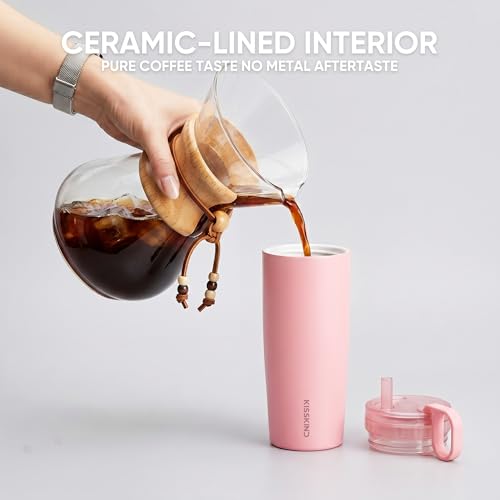 Image of KISSKIND 20 Oz Iced Coffee Tumbler with Hidden Straw, Insulated Stainless Steel Coffee Tumbler, Leakproof Ceramic Lined Travel Cup for Subway Commuting, Slim Tumbler for To-Go, Peach Sorbet