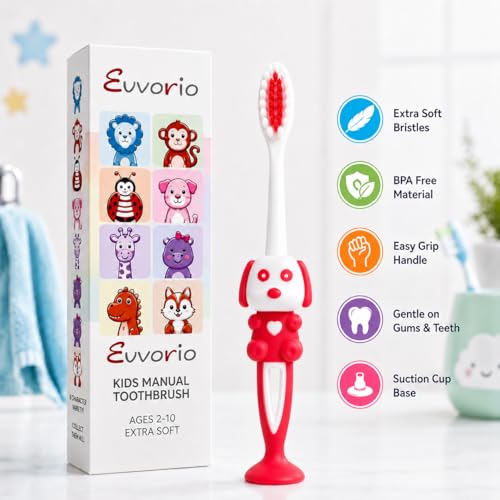 Image of Toothbrush for Kids with Ultra Soft Bristles for Oral Cleaning, Suitable For 2-12 Years Toddlers, Dog Design, Red, Pack of 1