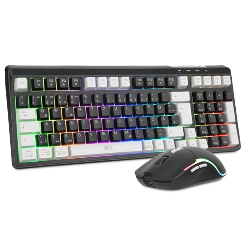 Rii Maus und Tastatur Kabellos Gaming, Tastatur Maus Set, Bluetooth + 2,4GHz Verbindung,...