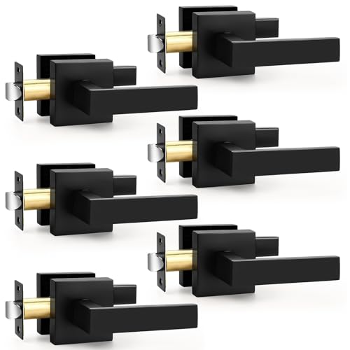 Probrico Interior Black Door Handle, Heavy Duty, Flat Square Passage Door Handles, Keyless Door Levers Lockset for Closet and Hallway (6 Pack, Modern)