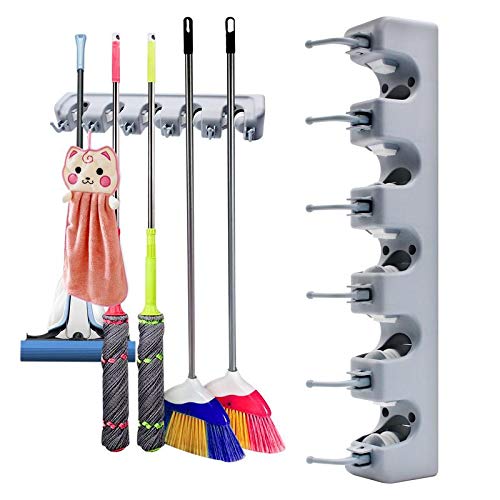 Vruta Mop and Broom Holder, Multipurpose Wall Mounted Organizer Storage Hooks, Ideal Broom Hanger for Kitchen Garden and Garage (5 Position 6 Hooks)