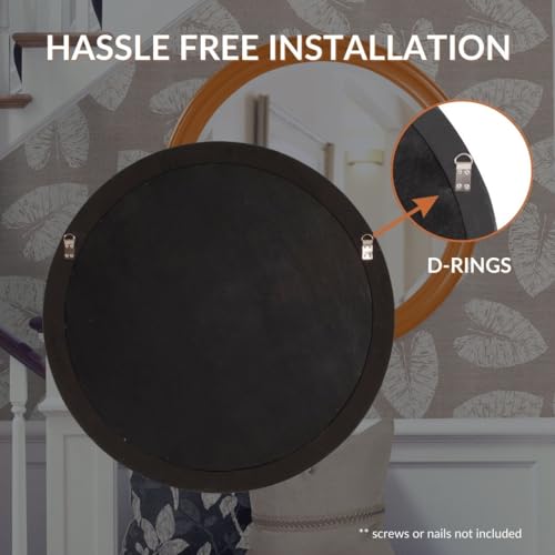 Image of Howard Elliott Collection George Round Glossy Orange Wall Mirror, Bevelled Vintage Hanging Wood Framed Vanity Mirrors for Home Decor, Living Room, Bathroom, Bedroom, or Hallway, 36 Inch Round
