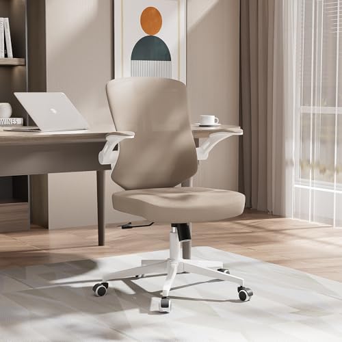 balmstar Office Chair, Ergonomic High Back Comfy Desk Chairs and Flip-up Armrest Lumbar, Swivel Tilt Function Backrest Computer Chair,PU Rolling Wheels Capacity 350LBS (Khaki)