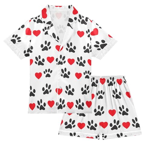 Cute Simple Paws Pattern Summer Satin Pajama Set, Cute Button-Down Sleepwear Pj Set for Sleep Wears