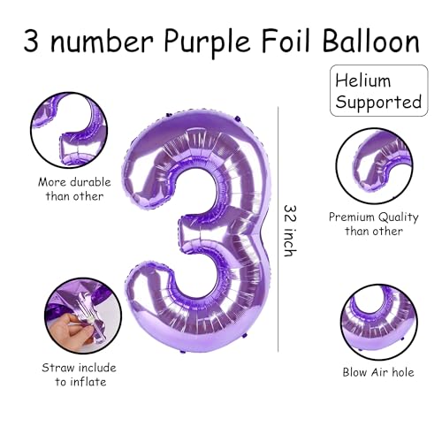Image of Purple 3 Number Foil Balloon with Crown & Base Balloons | 32 Inch Helium Supported for Birthday, Anniversary, Baby Shower Decoration - Pack of 14