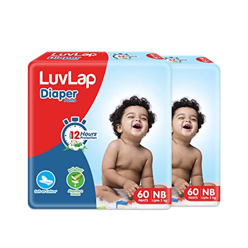 Image of LuvLap Pant Style Baby Diapers, Newborn (NB) For babies of upto 5kg, 120 Count (60x 2) with Aloe Vera Lotion for rash protection, with upto 12hr protection, Diapers (60 Count, Pack of 3)